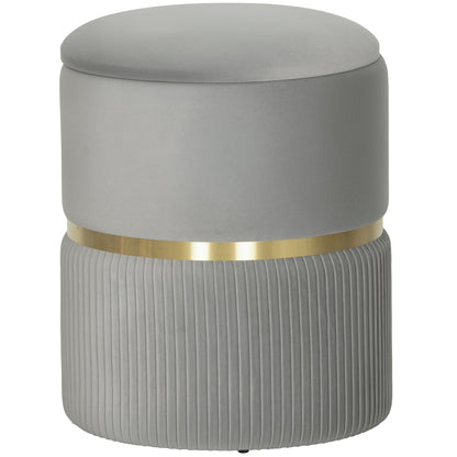 Rivera Velvet Light Grey Ribbed Storage Ottoman Gold Accent