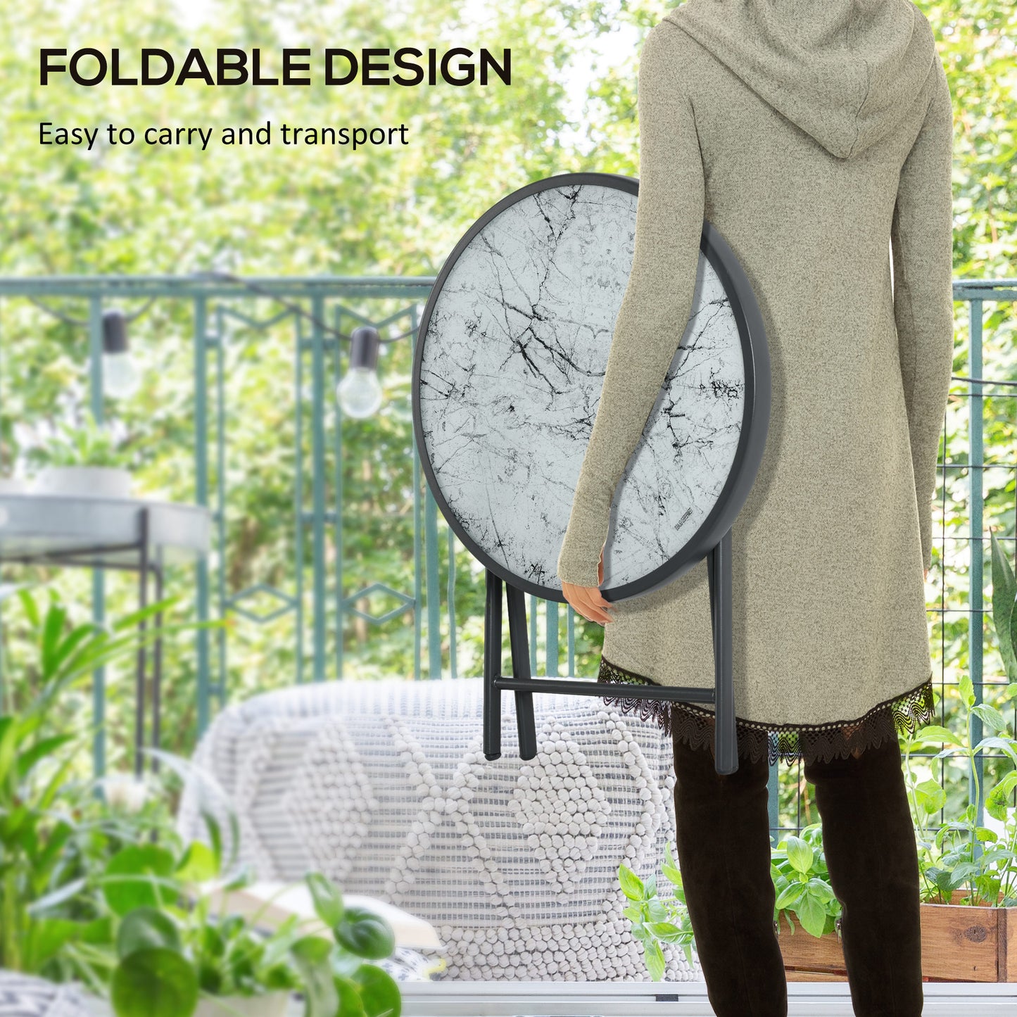 Lusafa Metal And Glass White Folding Outdoor Side Table 45cm With Marble Effect Top