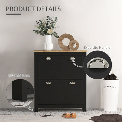 Resuka Wooden Black Slim Shoe Cabinet With 2 Flip Drawers For 6 To 12 Pairs