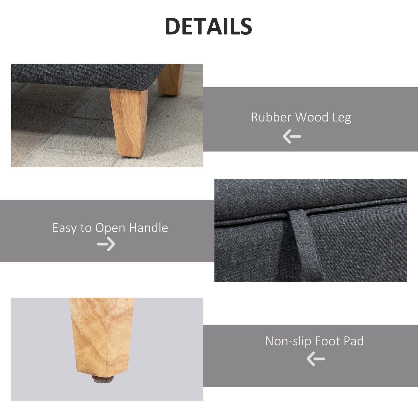 Cose Linen Dark Grey Storage Ottoman With Padded Seat Natural Wooden Legs