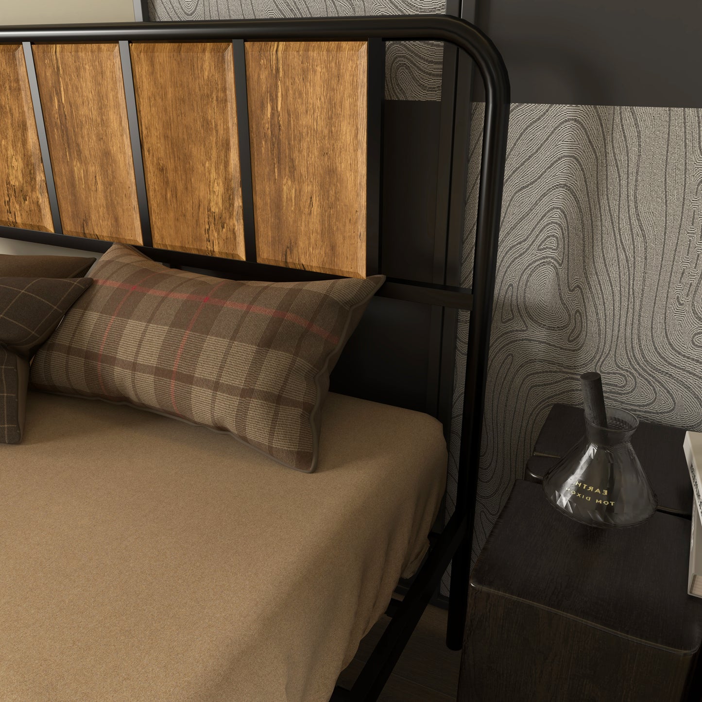 Hawatti 4FT6 Industrial Double Bed Frame With Wood Headboard and Footboard