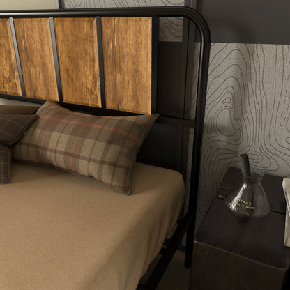 Hawatti 4FT6 Industrial Double Bed Frame With Wood Headboard and Footboard