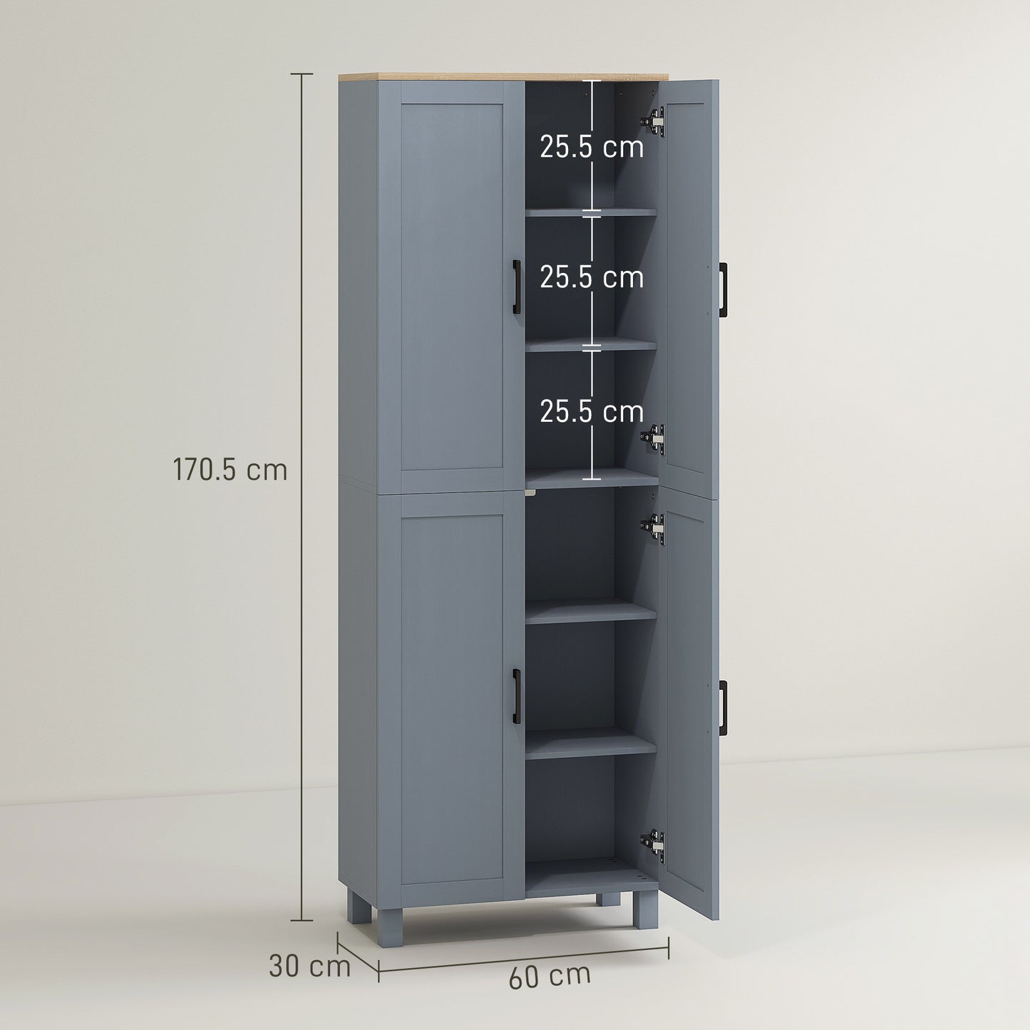Parare 171cm Wooden Grey Wood Effect 4 Door Freestanding Kitchen Pantry Cabinet
