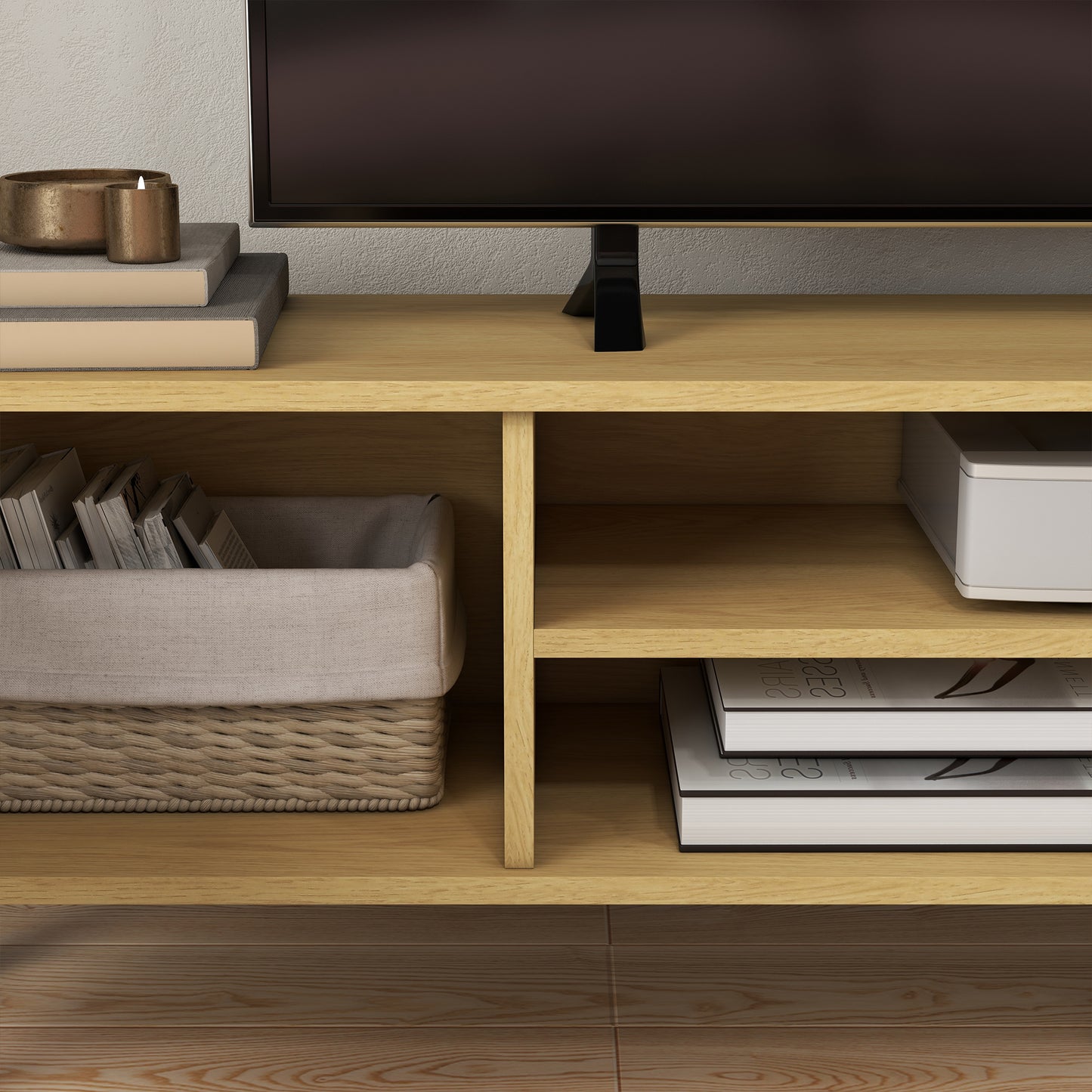 Katoha Sadi Wooden White And Wood Effect Scandinavian Style TV Console With Storage