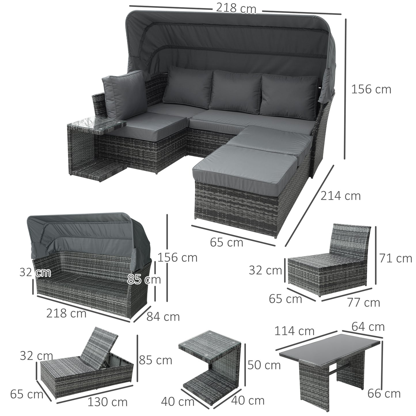 Mosone Rattan Grey 5 Seater Reclining Outdoor Sofa Set With Canopy and 2 Tables