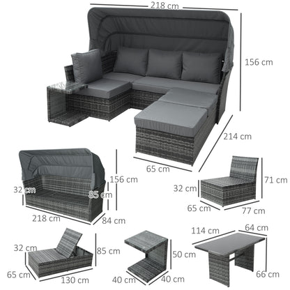 Mosone Rattan Grey 5 Seater Reclining Outdoor Sofa Set With Canopy and 2 Tables