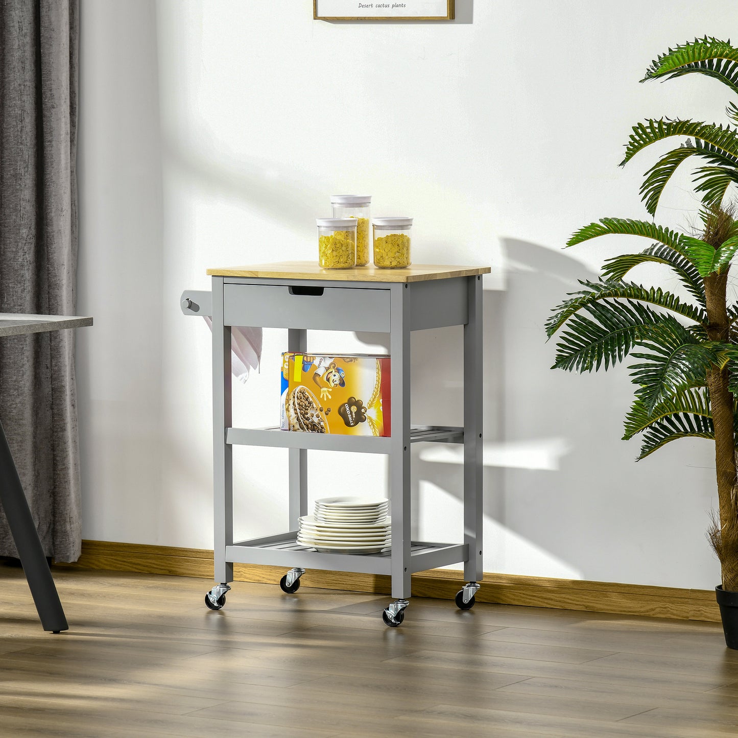 Vena Wooden Grey and Natural Kitchen Trolley With Worktop Drawer And Shelves