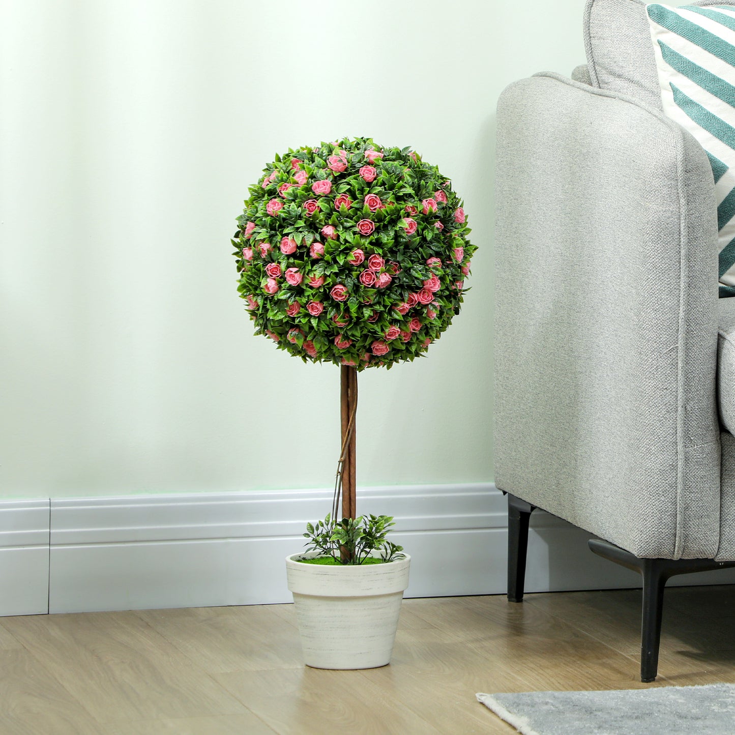 Roviyo Set Of 2 Artificial Rose Flower Topiary Ball Trees In Pots H8 60cm Pink