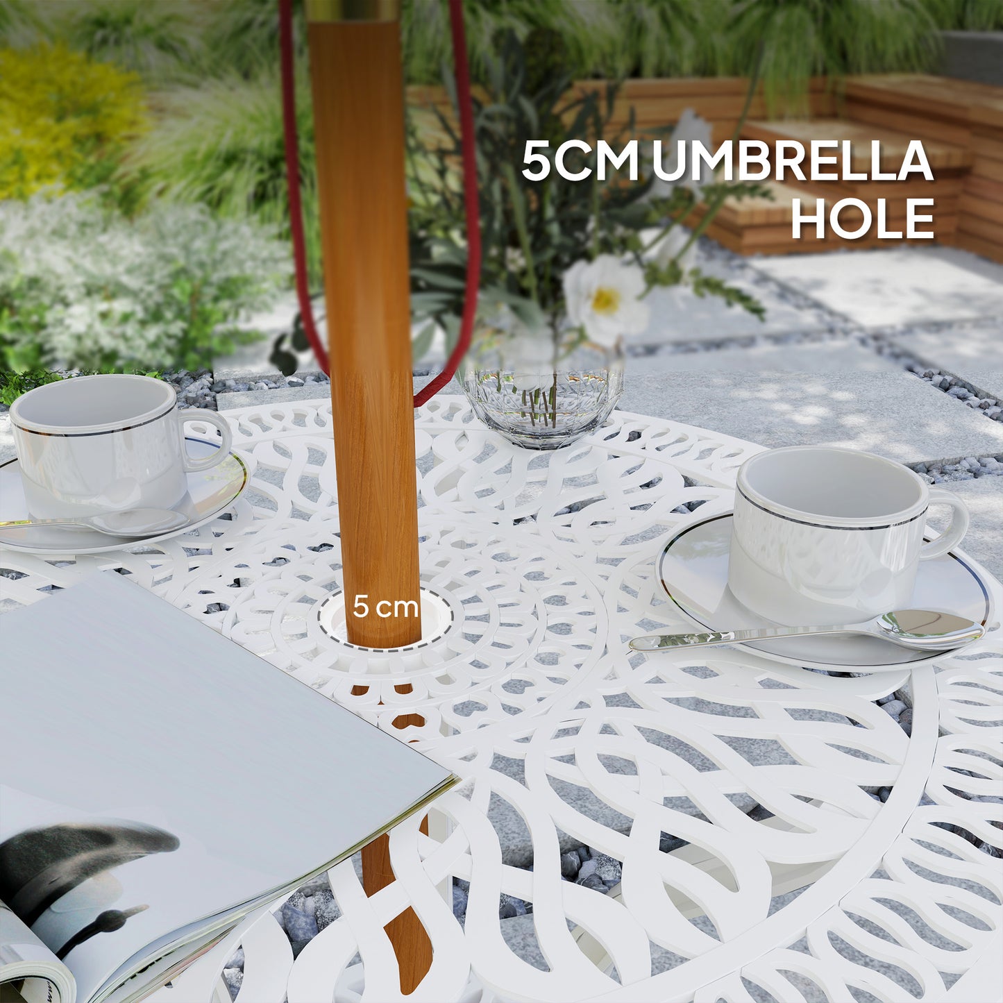 Kafa Cast Aluminium White 3 Piece Garden Bistro Set With Umbrella Hole