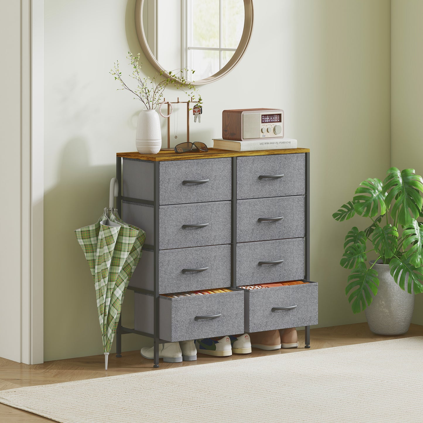 Rene Metal And Fabric Rustic Brown And Grey 8 Drawer Industrial Storage Dresser