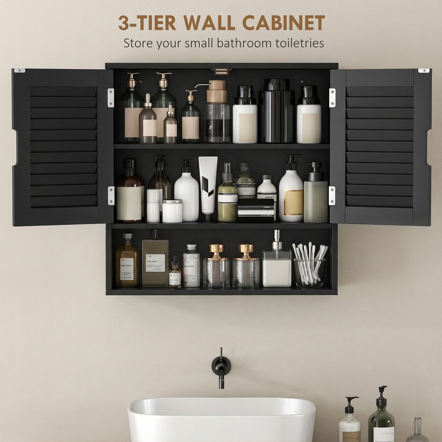 Neco Wall Mounted Bathroom Storage Cabinet With Adjustable Shelves Black 60 x 20 x 60cm
