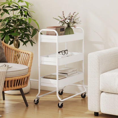 Saseta Sosa Metal White 3 Tier Rolling Utility Trolley With Mesh Baskets