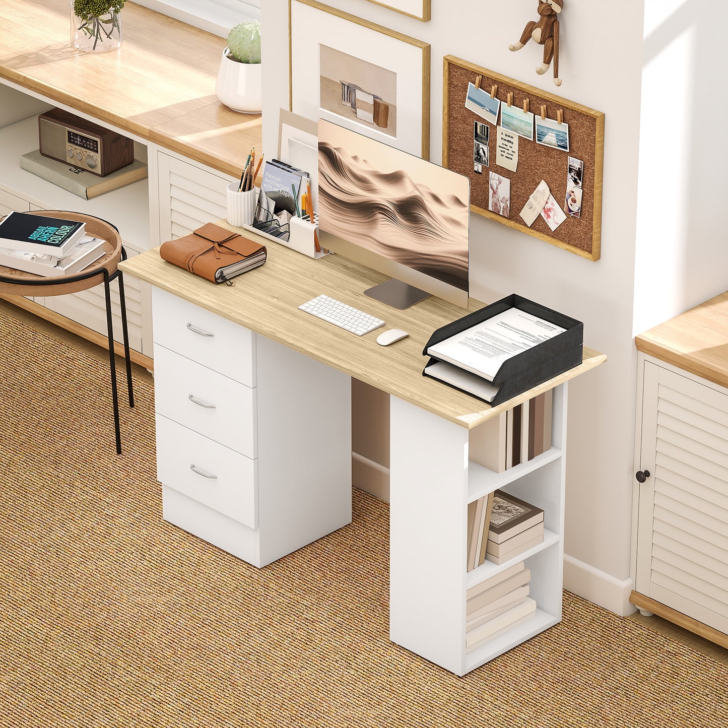 Vasave 120cm Wooden Natural And White Study Desk With 3 Side Shelves And 3 Drawers