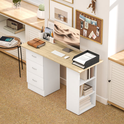 Vasave 120cm Wooden Natural And White Study Desk With 3 Side Shelves And 3 Drawers
