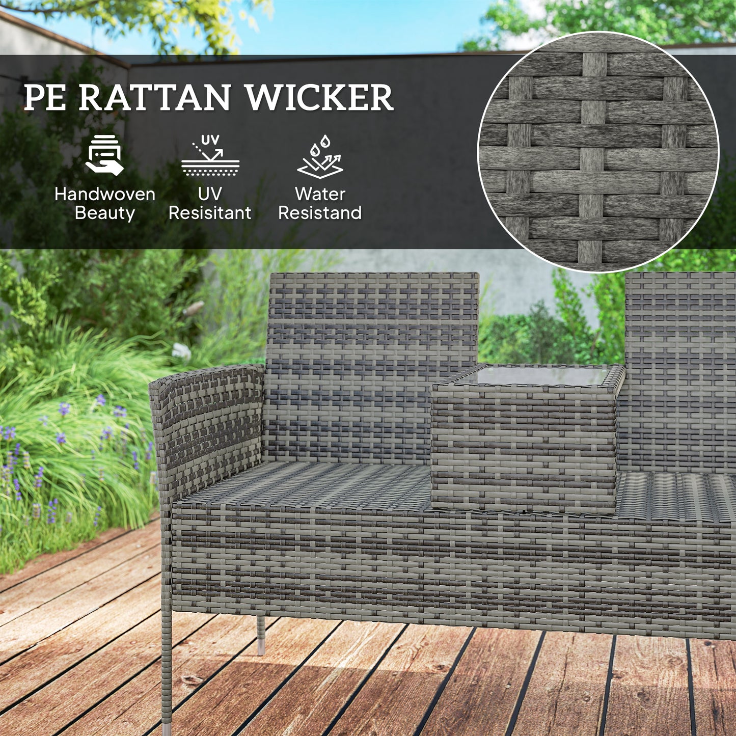 Cofi Rattan Dark Grey 2 Seater Chair With Integrated Centre Table