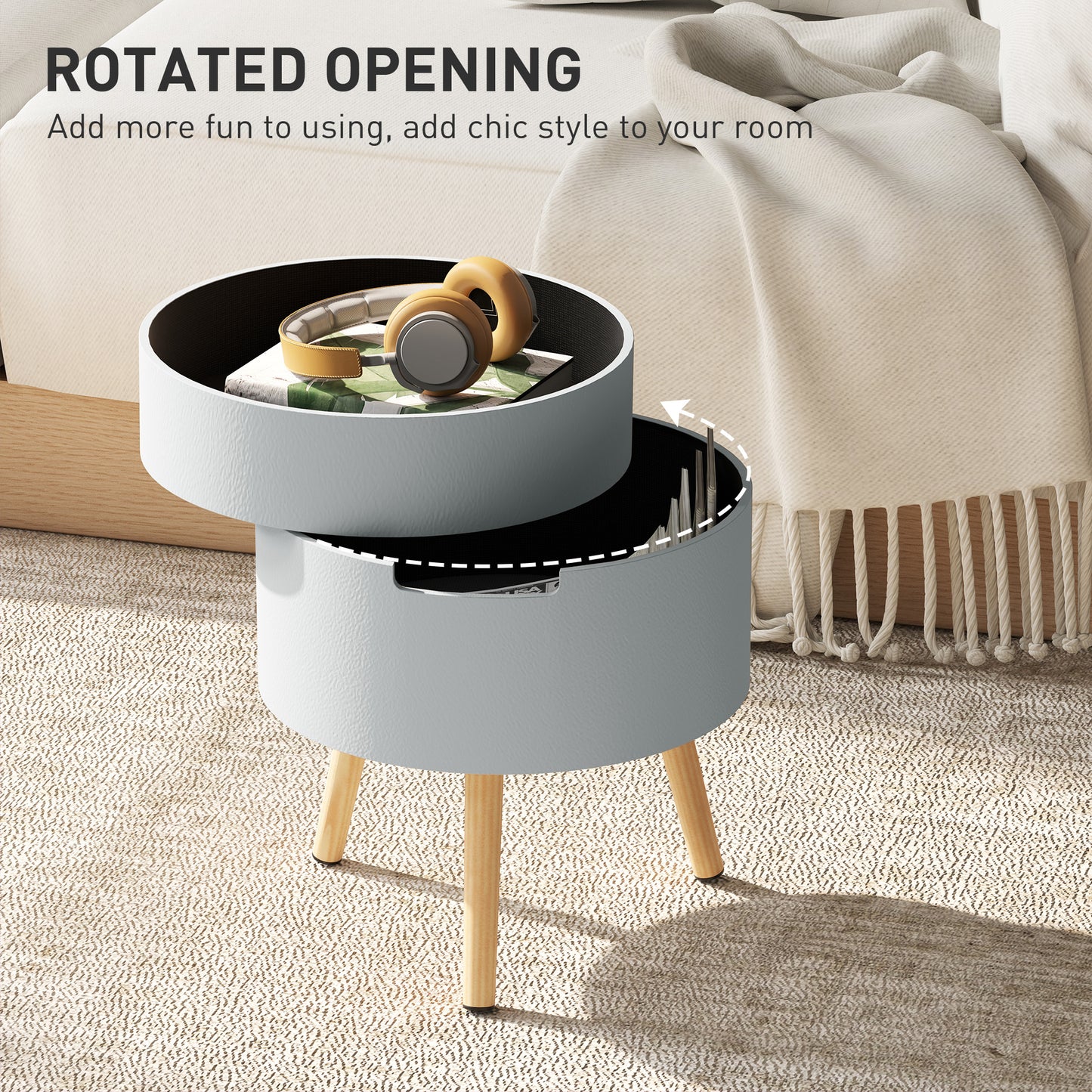 Pano Wooden Grey Round 3 Tier Bedside Table With Hidden Storage And Tray Top