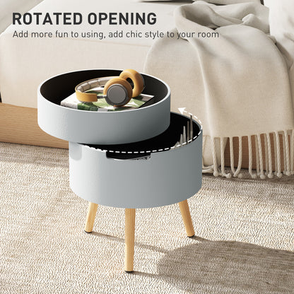 Pano Wooden Grey Round 3 Tier Bedside Table With Hidden Storage And Tray Top
