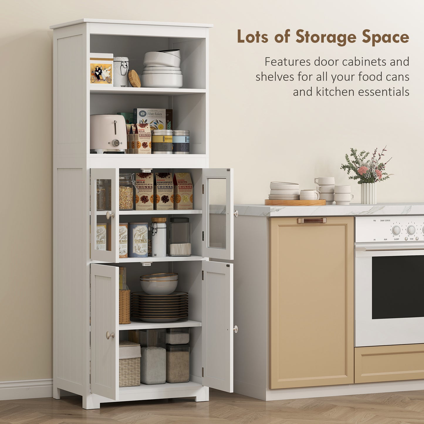 Doke Wooden White 4 Door Kitchen Cupboard With Glass Panels And Adjustable Shelves