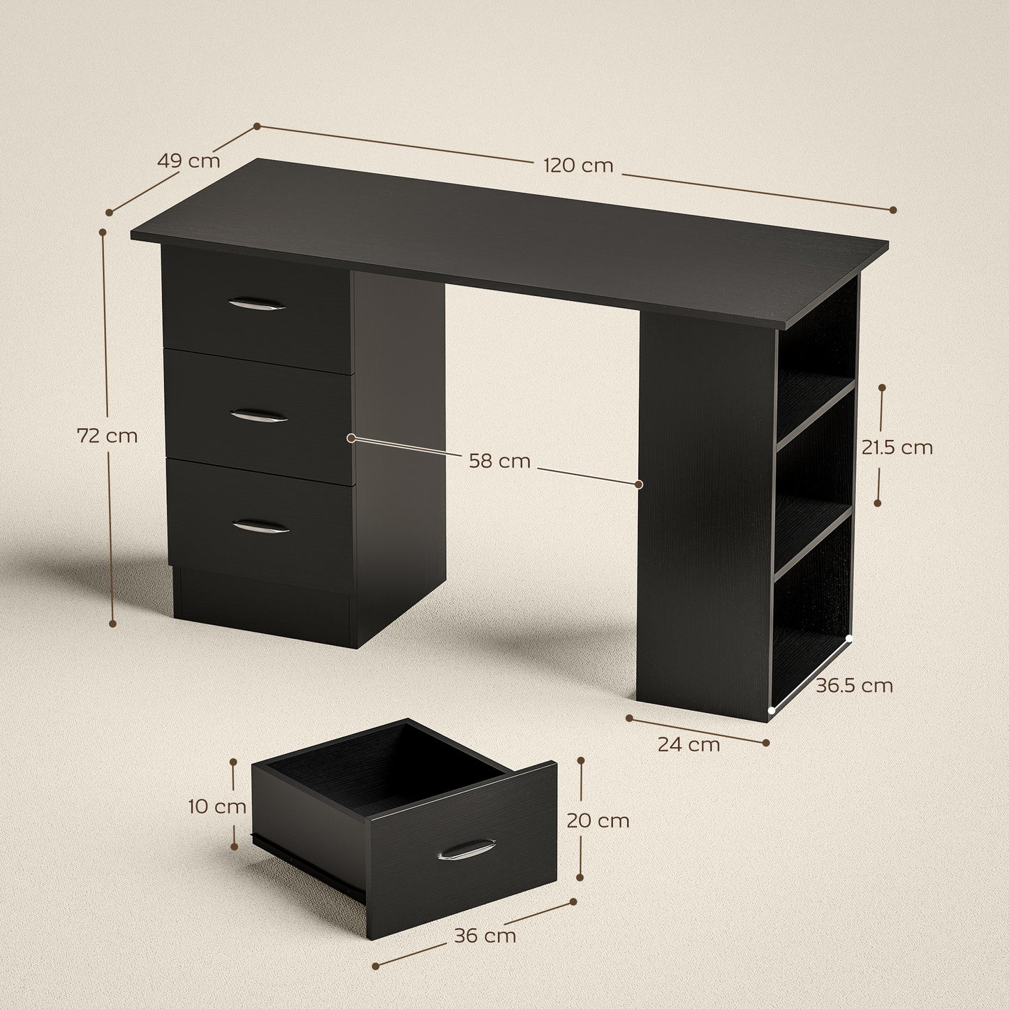 Tonosa 120cm Wooden Black Study Desk With 3 Shelves And 3 Drawers