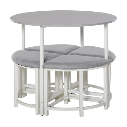 Bavino Metal And Fabric Grey Round Dining Table With 4 Upholstered Stools