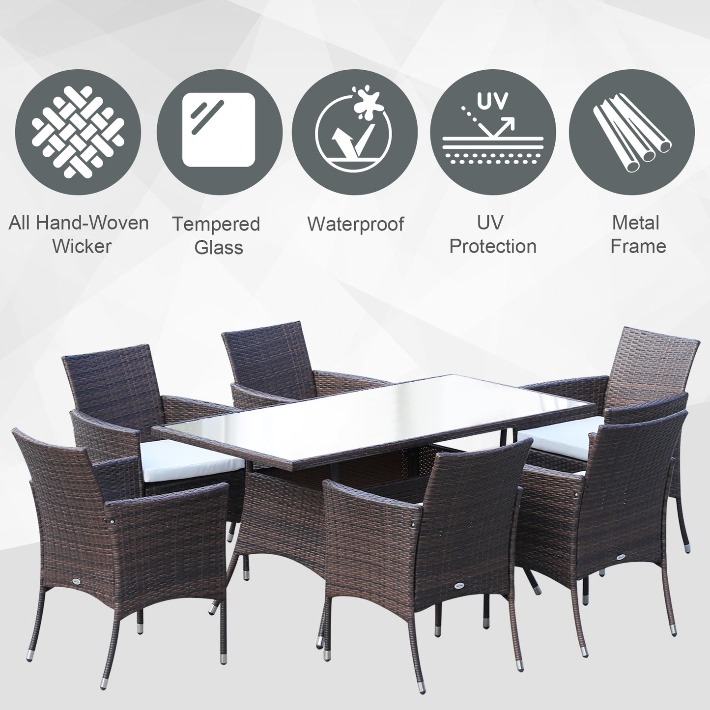 Dine Rattan Brown 6 Seater Outdoor Dining Set With Cushioned Armchairs And Rectangular Glass Table
