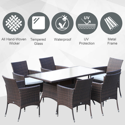 Dine Rattan Brown 6 Seater Outdoor Dining Set With Cushioned Armchairs And Rectangular Glass Table