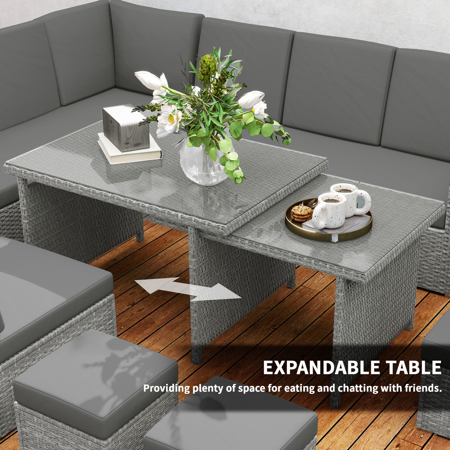 Nomiri 10 Seater Rattan Light Grey Outdoor Garden Sofa Set With Extendable Dining Table