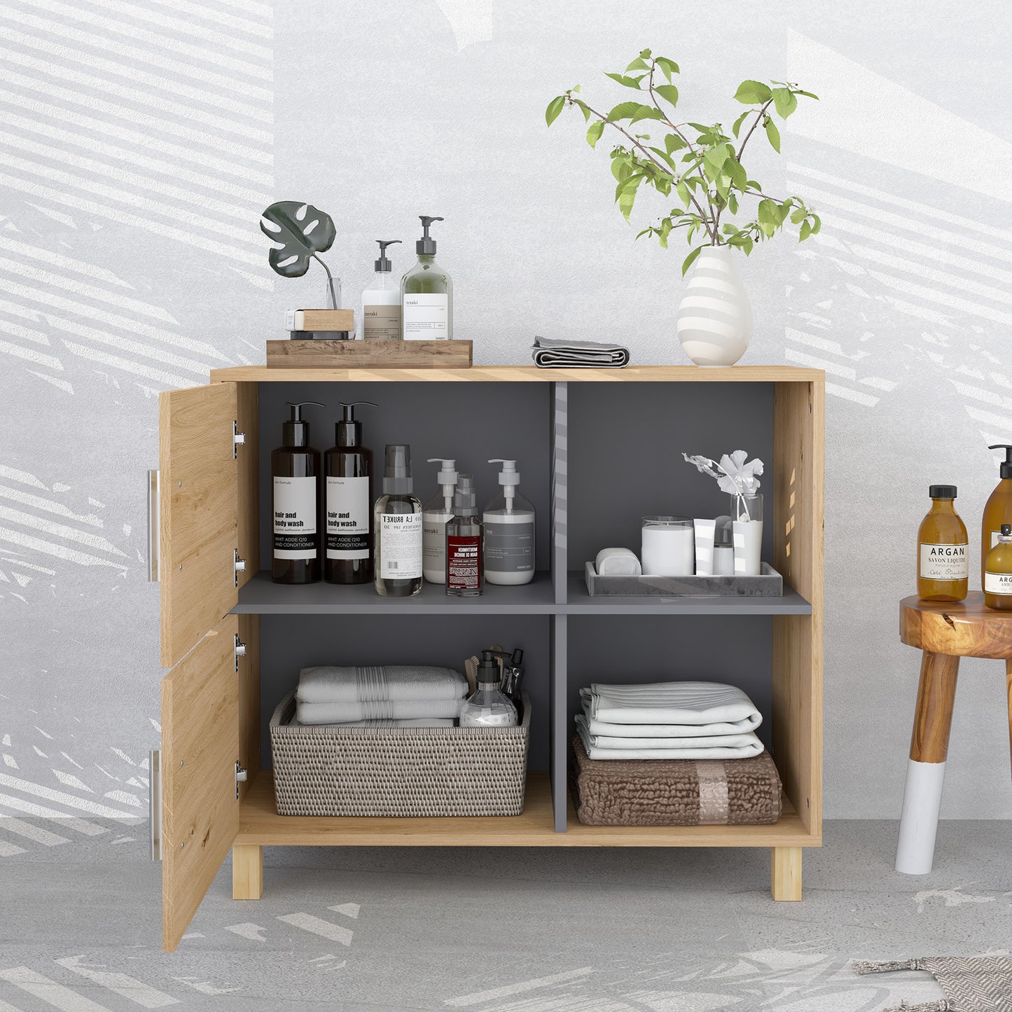 Lazze Freestanding Bathroom Storage Cabinet With OFauxn Compartments And Double Doors