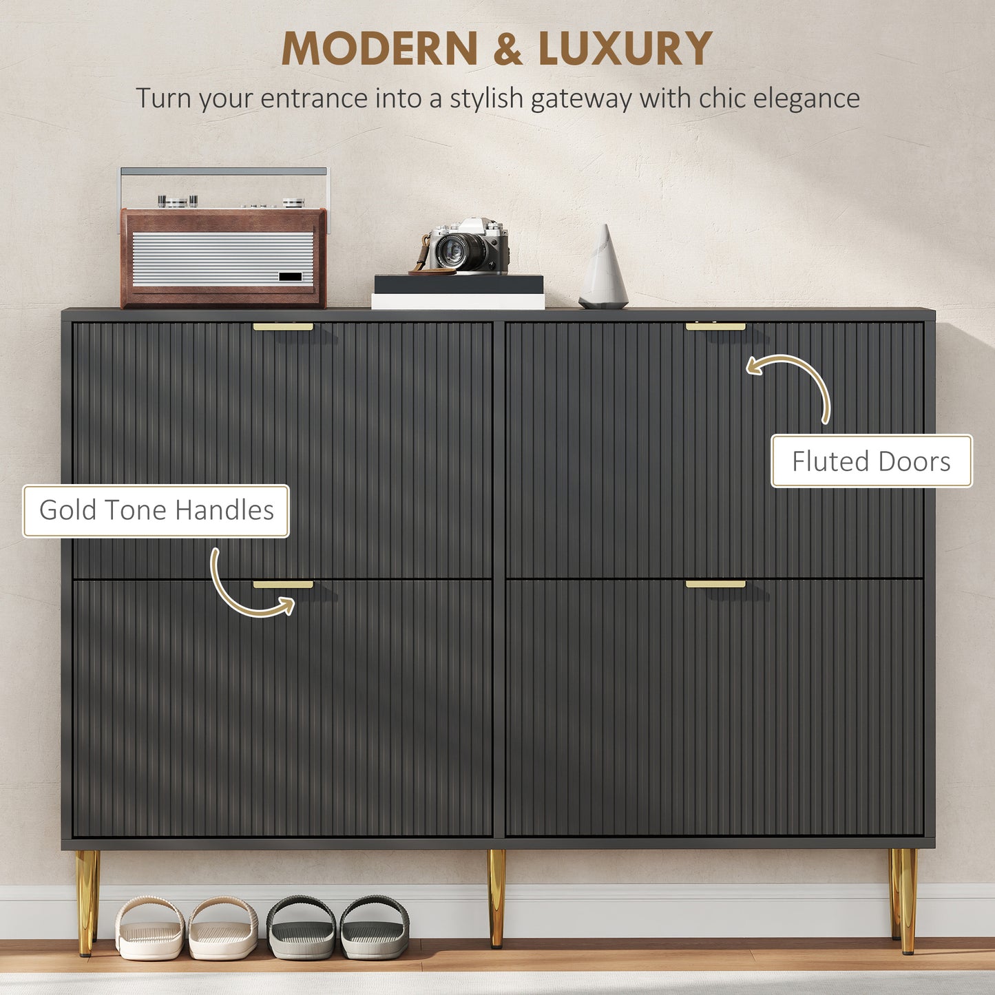 Cofa Zimo Wooden Black Elegant 4 Ribbed Drawer Shoe Cabinet Gold Handles