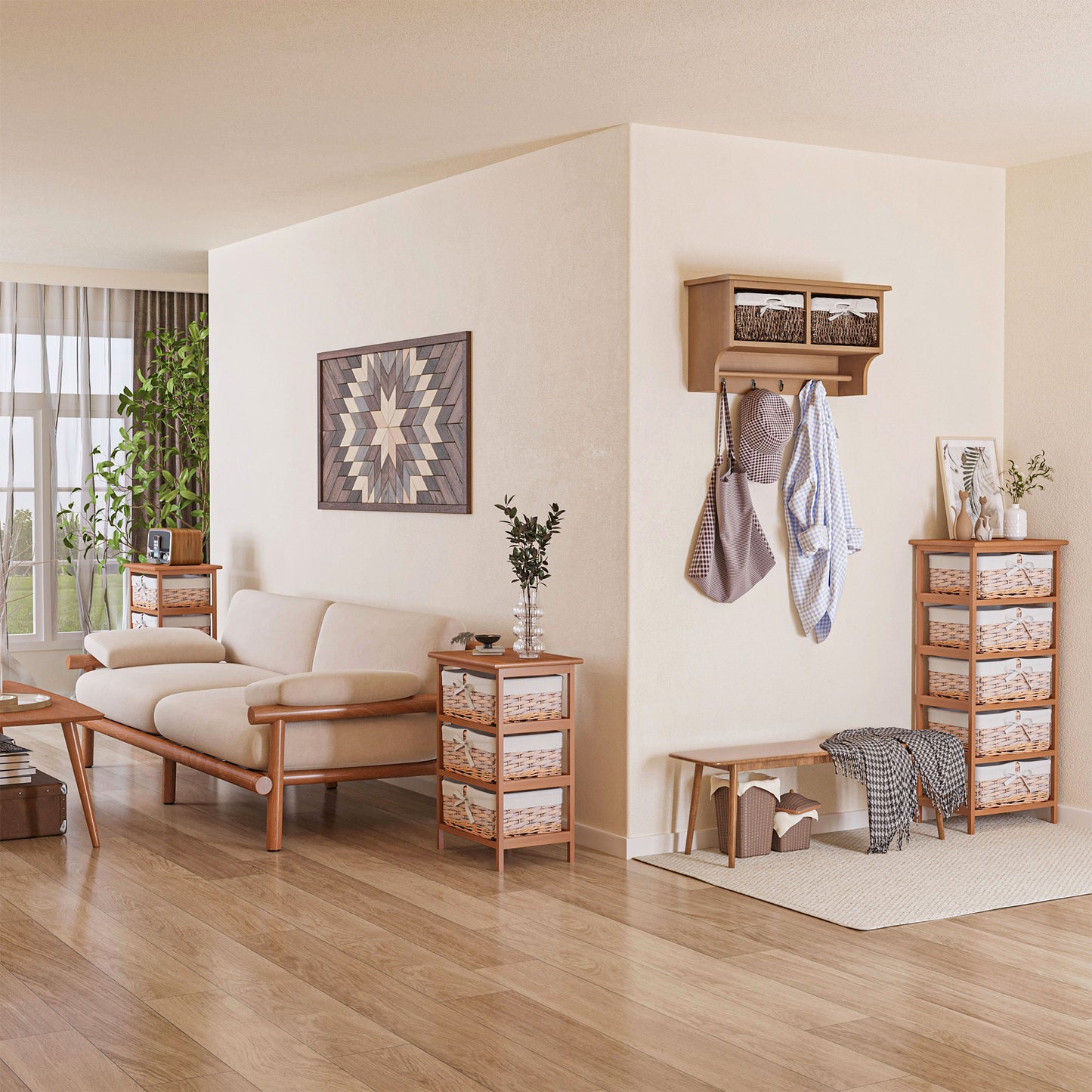 Yorila Wood Natural Finish 5 Drawer Dresser With Wicker Baskets