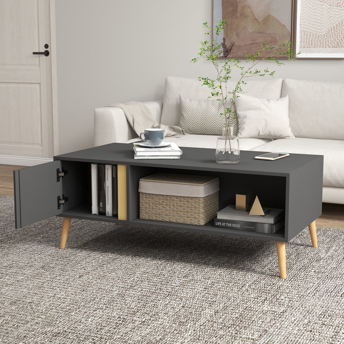 Panedi Wooden Grey Rectangular Coffee Table With Storage Compartments And Cabinets
