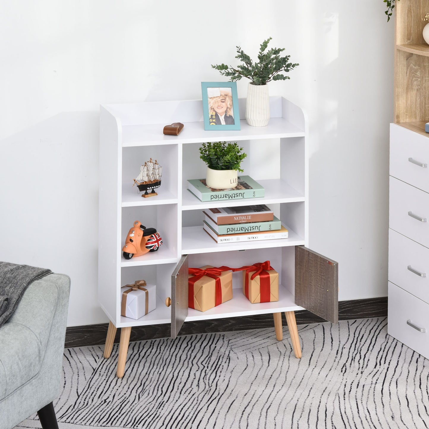 Eltano Wood And Metal White And Grey Freestanding Bookcase With Storage Cabinet And Legs