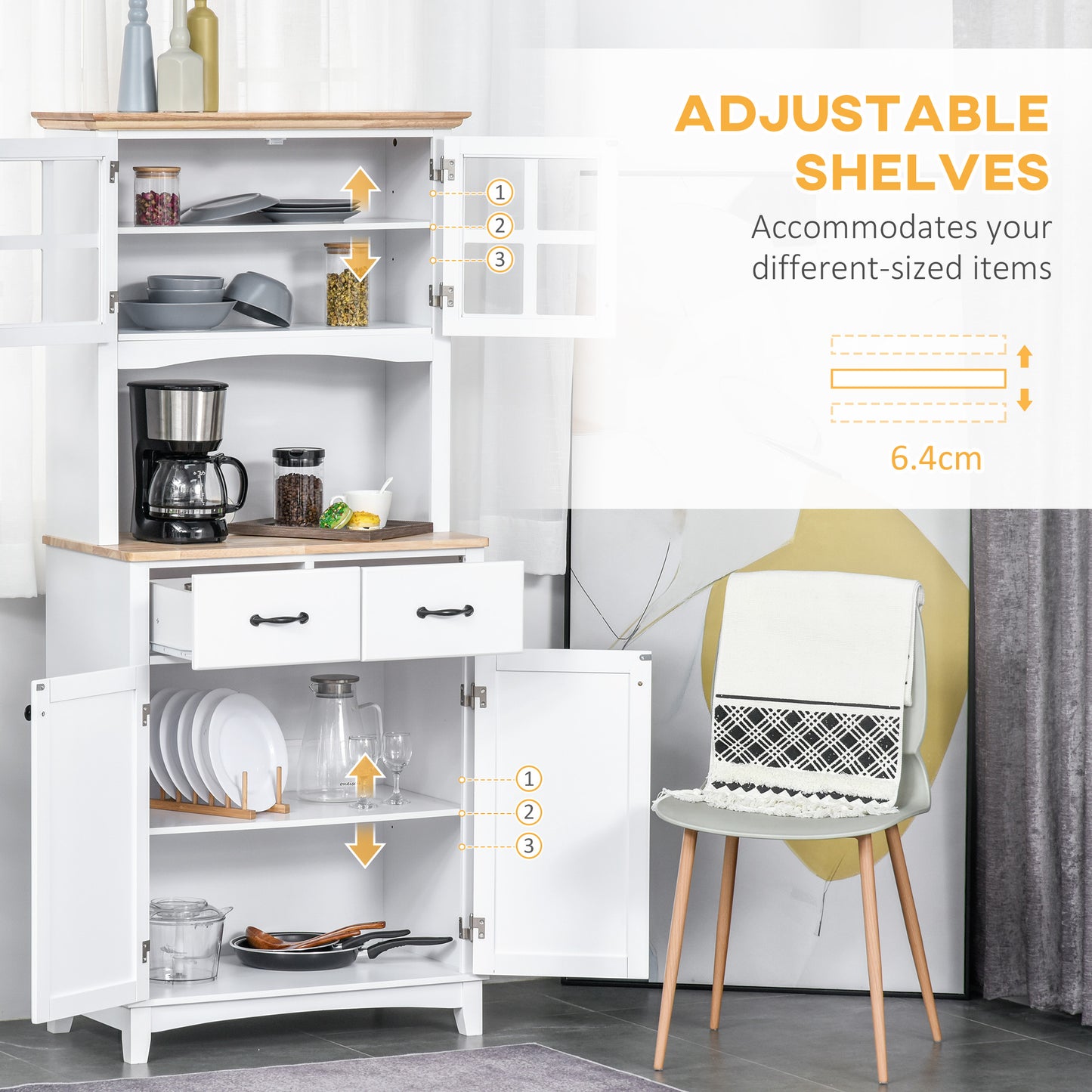 Fidipa Wooden White Kitchen Storage Cupboard With Glass Doors And Microwave Shelf 172 cm
