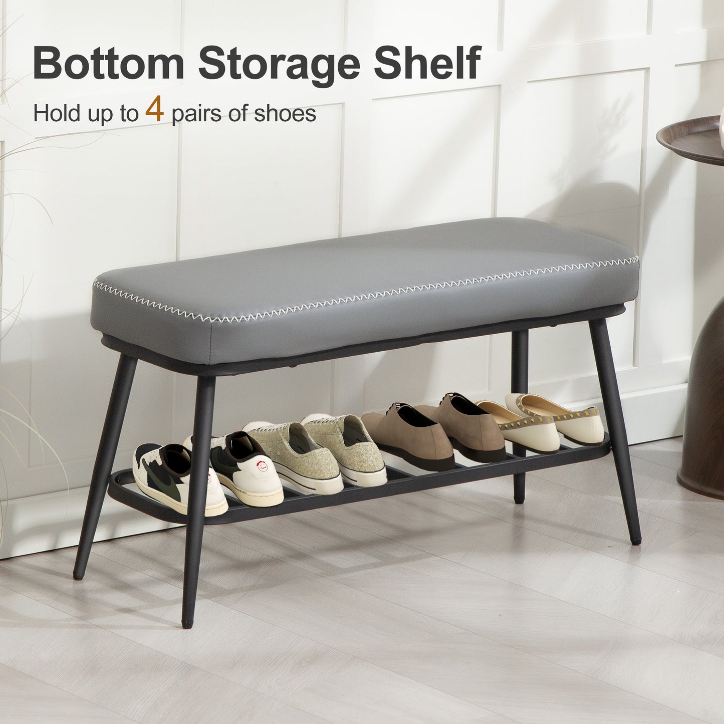 Hanoke Faux Leather Grey Shoe Storage Bench With Cushioned Seat