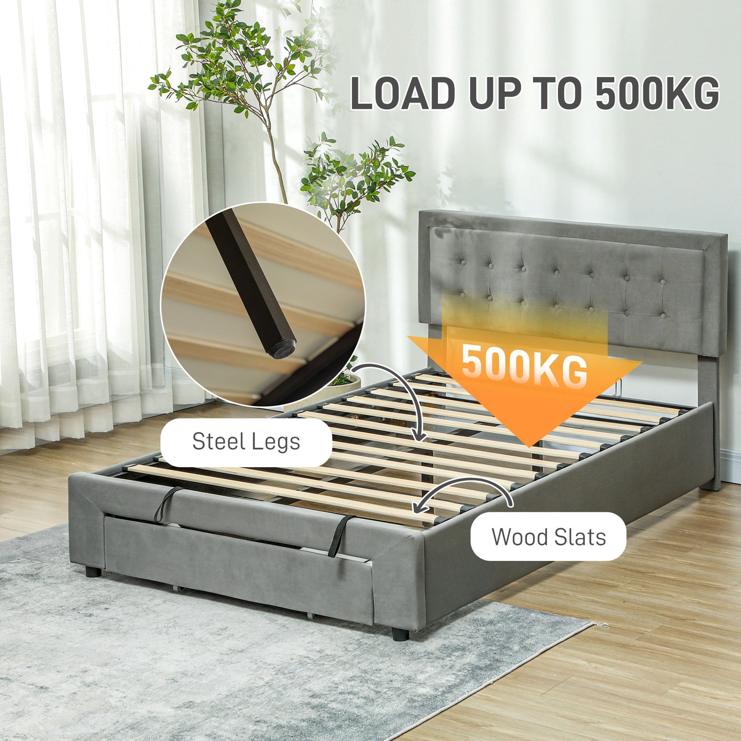 Rela 4FT6 Double Ottoman Bed Frame with Integrated Front Divan Drawer Storage In Grey