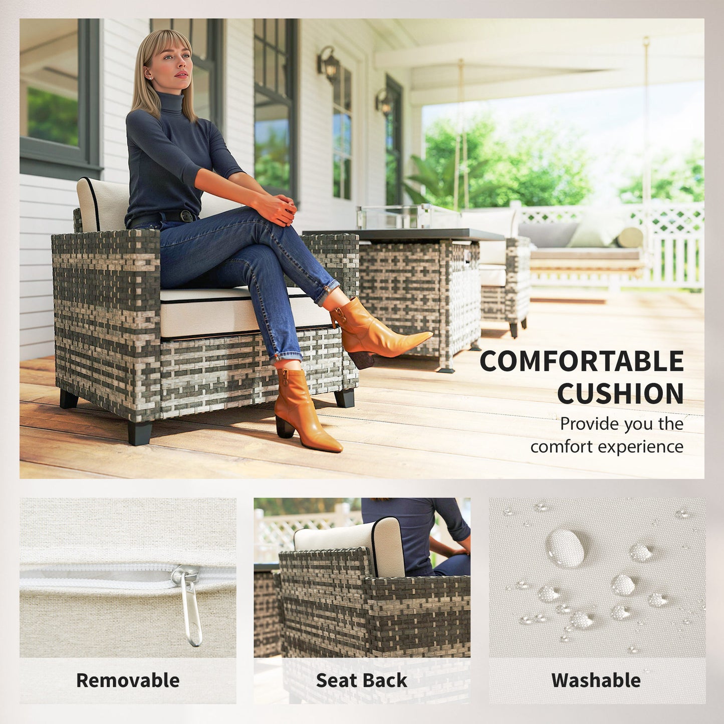 Nerato Grey Rattan 4 Seater Garden Furniture Set With Gas Fire Pit Table