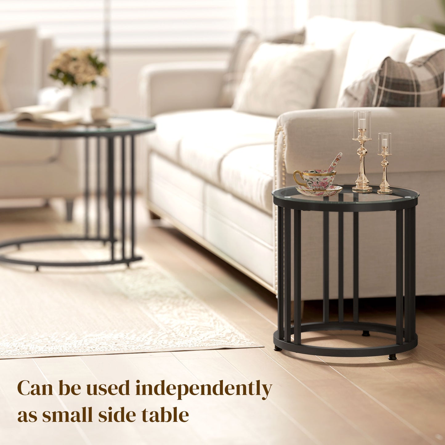 Kane Set of 2 Metal And Glass Black Round Nesting Tables With Steel Frame