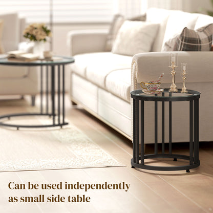 Kane Set of 2 Metal And Glass Black Round Nesting Tables With Steel Frame