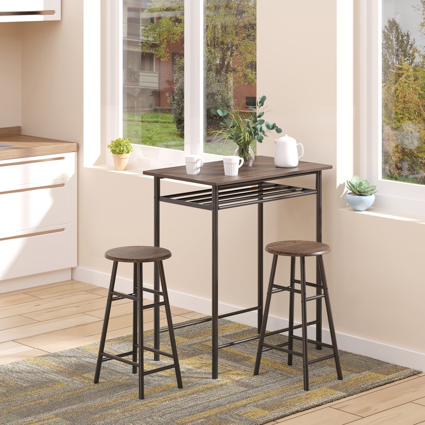 Yoliba Metal And Wooden Black And Oak Breakfast Bar Table And Stool Set With Storage Shelving
