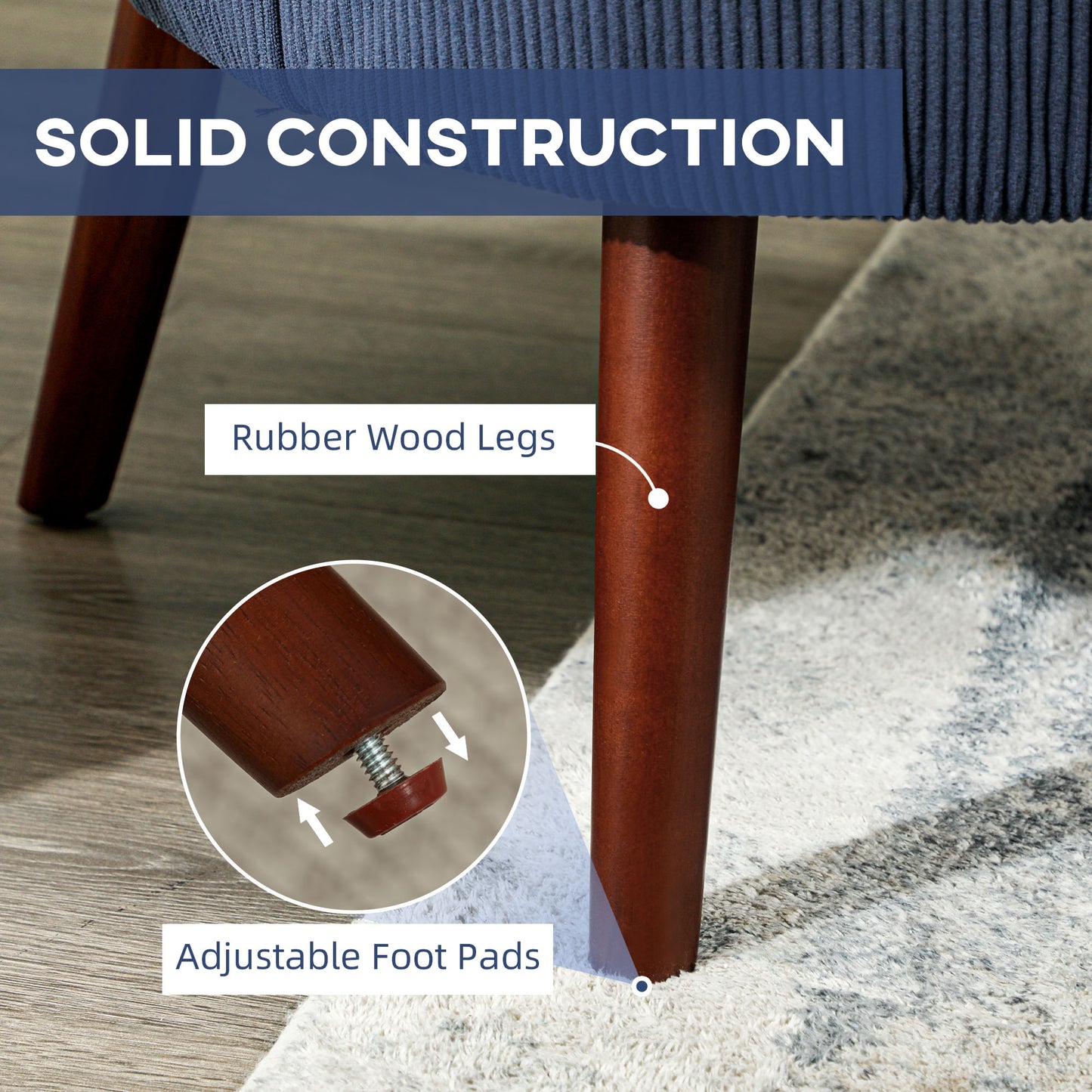 Kesu Blue Corduroy Retro Style Accent Chair Dark Wooden Angled Legs