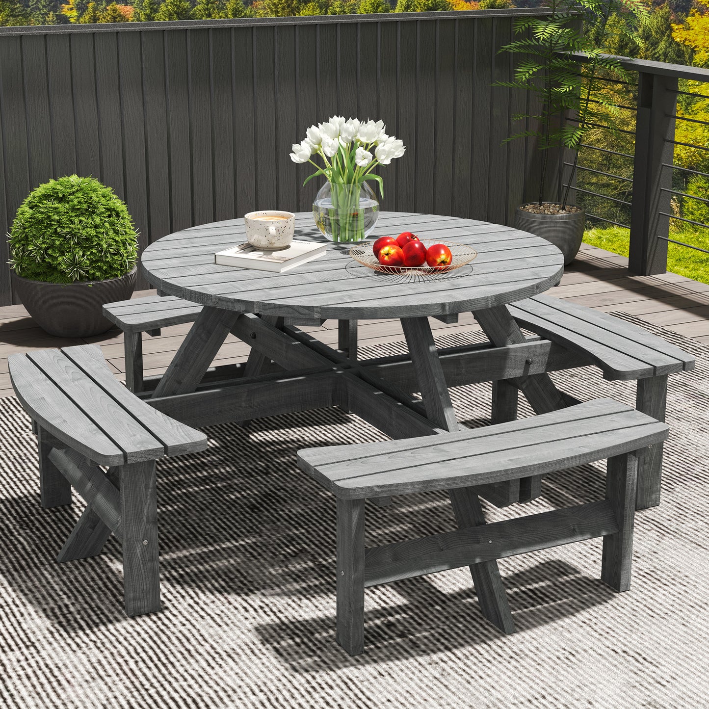 Neel 8 Seater Grey Wood Round Garden Picnic Set Table and Benches