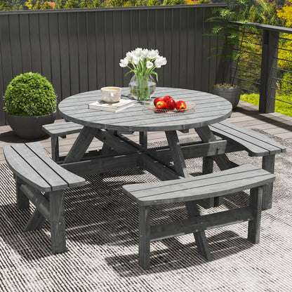 Neel 8 Seater Grey Wood Round Garden Picnic Set Table and Benches