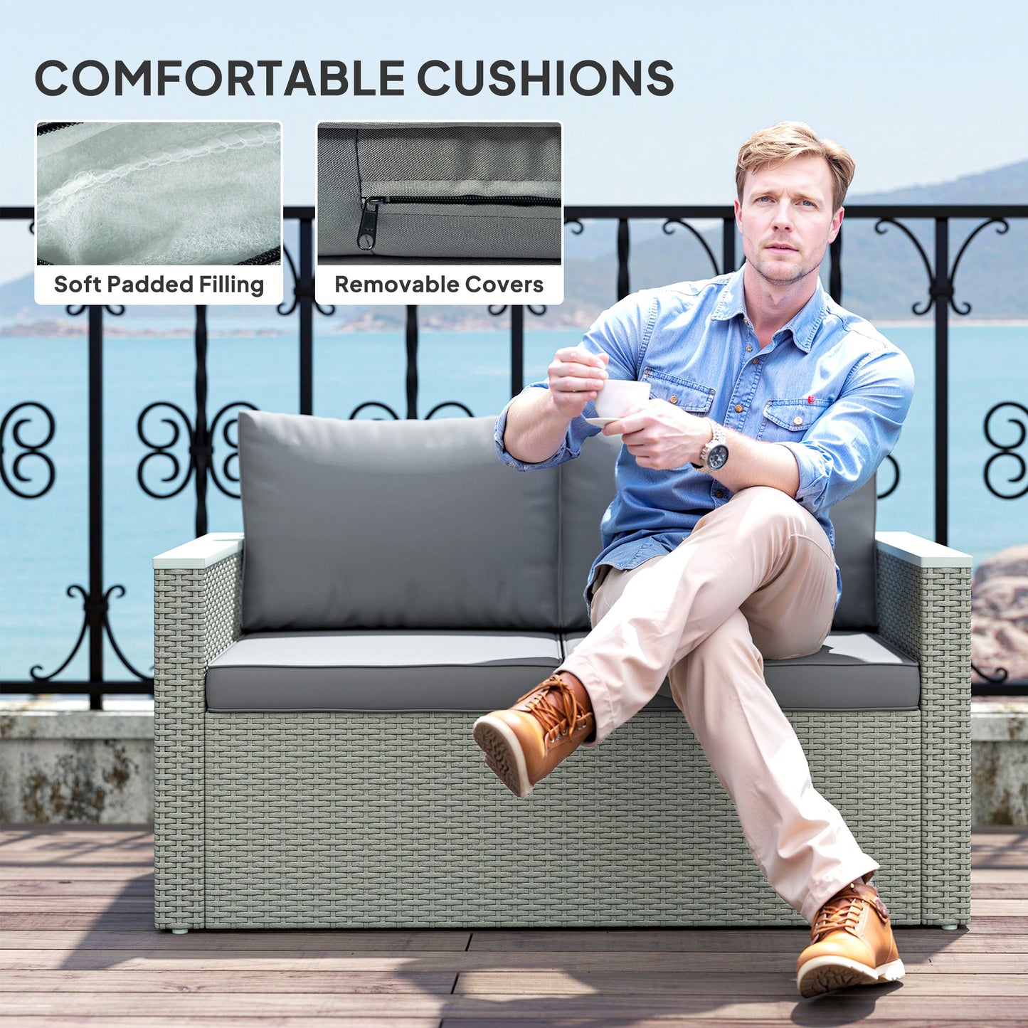 Zisupa Rattan Grey 4 Seater Outdoor Garden Sofa Set With Coffee Table