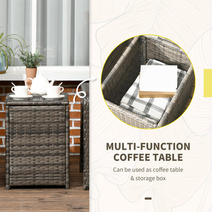 Ziha Rattan Grey 3 Piece Bistro Set With Storage Coffee Table And Cushioned Chairs