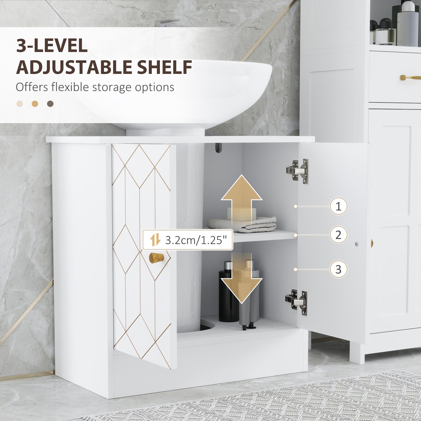 Verado Under Sink Bathroom Storage Cabinet With Adjustable Shelves And Open Compartment White