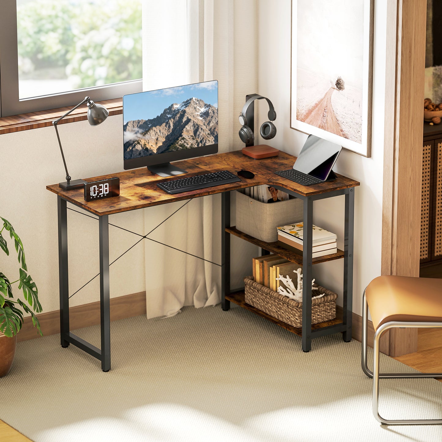 Morofi 120cm Rustic Brown L Shaped Desk with Integrated Bookshelf