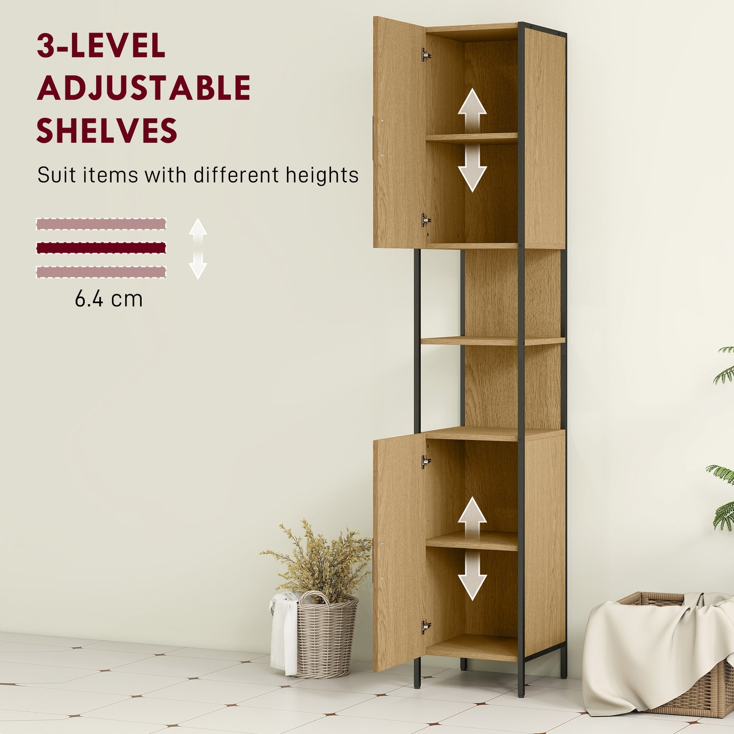 Rambette Tall Bathroom Storage Cabinet With Double Doors OFauxn Compartments And Adjustable Shelves Natural Wood Finish