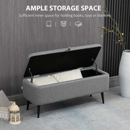 Kala Fabric Grey Rectangular Storage Ottoman Bench With Flip Top And Steel Legs