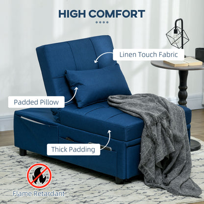 Leve Fabric Blue 4 In One Convertible Chair Bed With Adjustable Back Side Pocket Wheels And Pillow