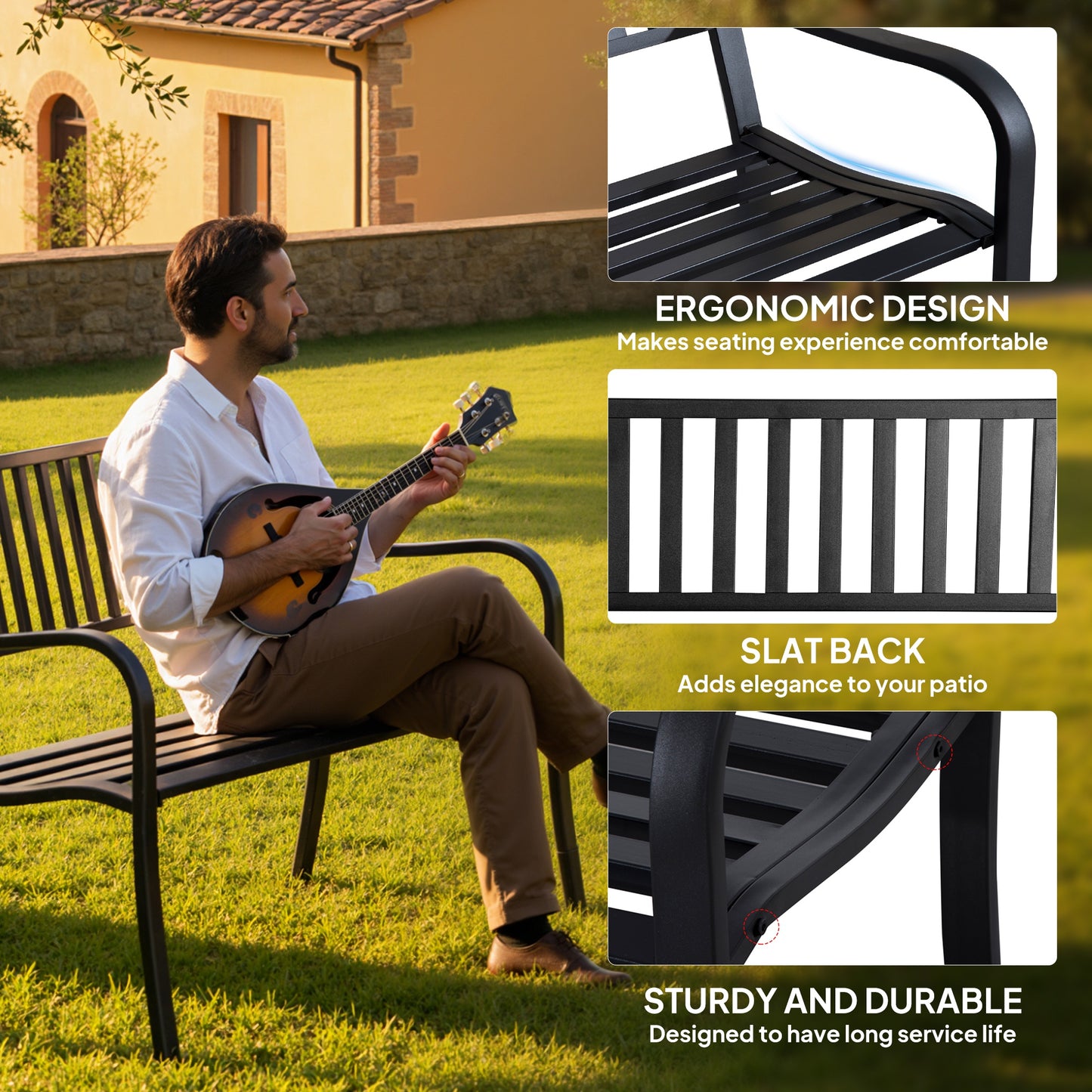 Dosu Metal Black Outdoor Garden Bench Loveseat With Slatted Frame
